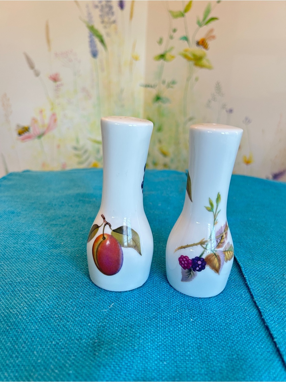 Royal Worcester White Porcelain Fruit Shakers with Plum and Blackberry Motifs